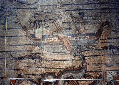 Jonah Being Swallowed by the Whale, Detail from a Decorative Pavement Depicting Christian Images and Pagan Symbols by Unbekannt Unbekannt